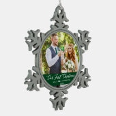 Elegant Calligrafie Ons eerste kerstgroen Tin Sneeuwvlok Ornament (Links)