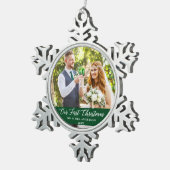 Elegant Calligrafie Ons eerste kerstgroen Tin Sneeuwvlok Ornament (Rechts)