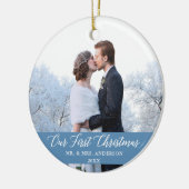 Elegant Calligrafie Ons eerste kerstlicht blauw Keramisch Ornament (Links)