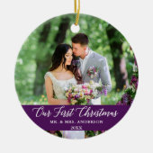 Elegant Calligrafie Ons eerste kerstPaars Keramisch Ornament (Voorkant)