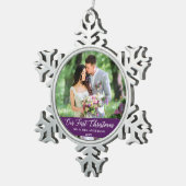 Elegant Calligrafie Ons eerste kerstPaars Tin Sneeuwvlok Ornament (Rechts)