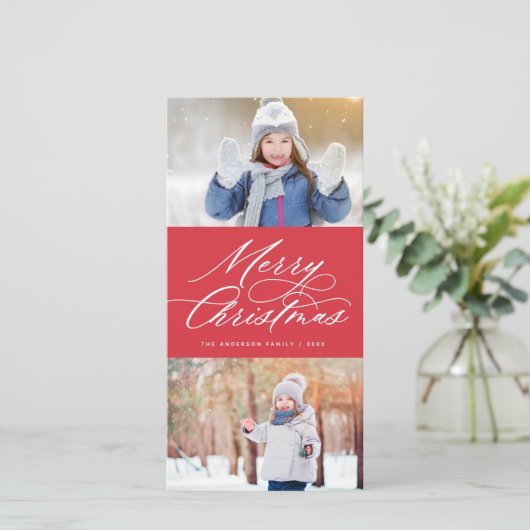 Elegant Calligrafie Script Merry kerst 2 Foto Feestdagenkaart (Staand voorkant)