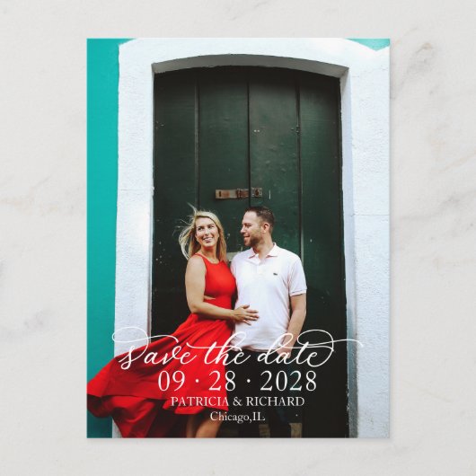 Elegant Calligrafie White Text Photo Save the Date Briefkaart (Voorkant)