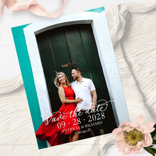Elegant Calligrafie White Text Photo Save the Date Briefkaart