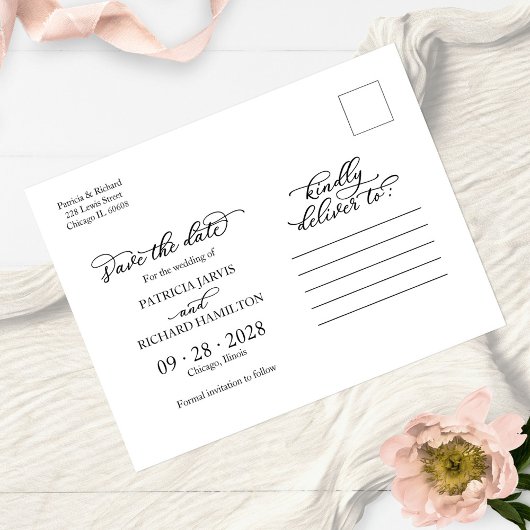 Elegant Calligrafie White Text Photo Save the Date Briefkaart