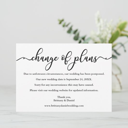 Elegant calligrafie wijziging plannen nieuwe datum save the date (Staand voorkant)