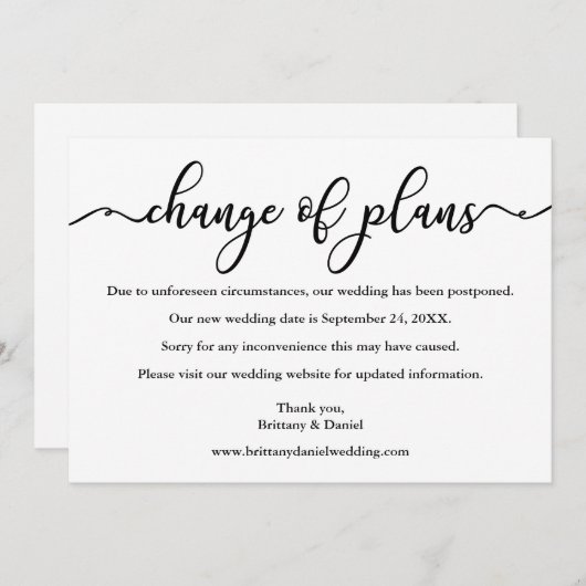 Elegant calligrafie wijziging plannen nieuwe datum save the date (Voorkant / Achterkant)