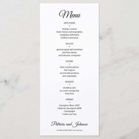 Elegant calligrafie zwart-witte bruiloft menu (Voorkant)