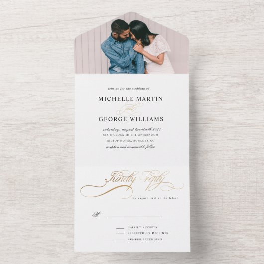 elegant calligrafiegoud (geen ENV nodig) All In One Uitnodiging (Binnen)