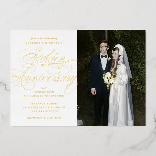 Elegant Calligraphy 50th Golden Jubileum Photo Folie Uitnodiging (Voorkant)