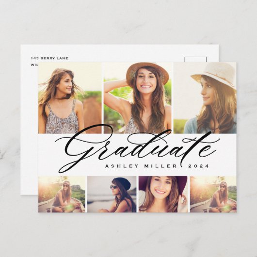 Elegant Calligraphy Afstuderen Photo Collage Party Uitnodiging Briefkaart (Voorkant / Achterkant)