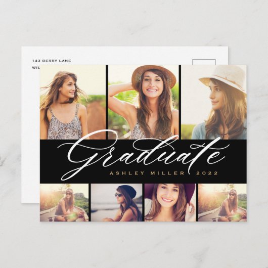 Elegant Calligraphy Afstuderen Photo Collage Party Uitnodiging Briefkaart (Voorkant / Achterkant)