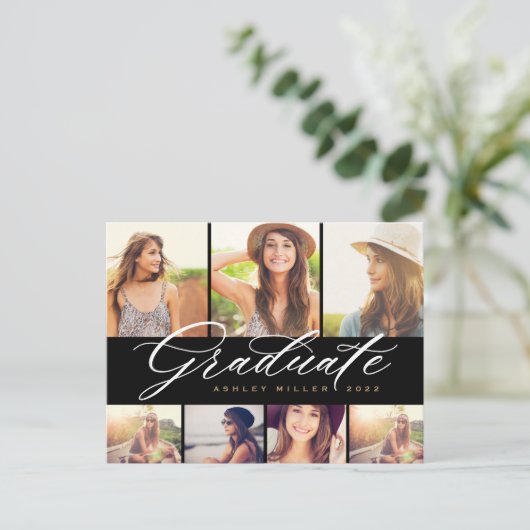 Elegant Calligraphy Afstuderen Photo Collage Party Uitnodiging Briefkaart (Staand voorkant)