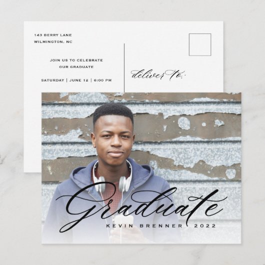 Elegant Calligraphy Afstuderen Photo Party Uitnodiging Briefkaart (Voorkant / Achterkant)