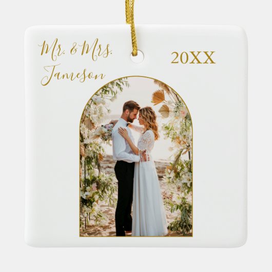 Elegant Calligraphy Arch Photo Lijst Gold Pas getr Keramisch Ornament (Voorkant)