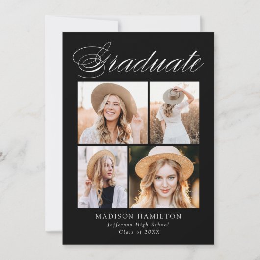 Elegant Calligraphy Black 4 Photo Graduparty Kaart (Voorkant)
