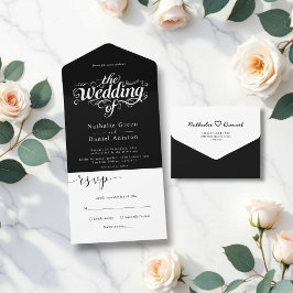 Elegant Calligraphy Black and White Simple Wedding All In One Uitnodiging