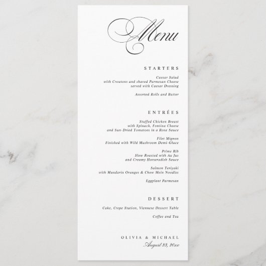 Elegant Calligraphy Black and White Wedding Menu (Voorkant)