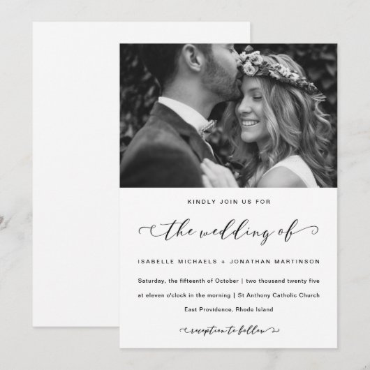 Elegant Calligraphy Black and White Wedding Photo Kaart (Voorkant / Achterkant)