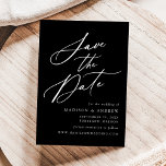 Elegant Calligraphy Black and White Wedding Save The Date<br><div class="desc">Elegant sla de datum op met "Save the Date" weergegeven in een wit kalligrafiescript met een zwarte achtergrond. Personaliseer de kalligrafie en sla de datum op met uw namen,  trouwdatum en -locatie en trouwwebsite. Het niet-foto ontwerp coördineert met ons Elegant Kalligrafie bruiloft collectie.</div>