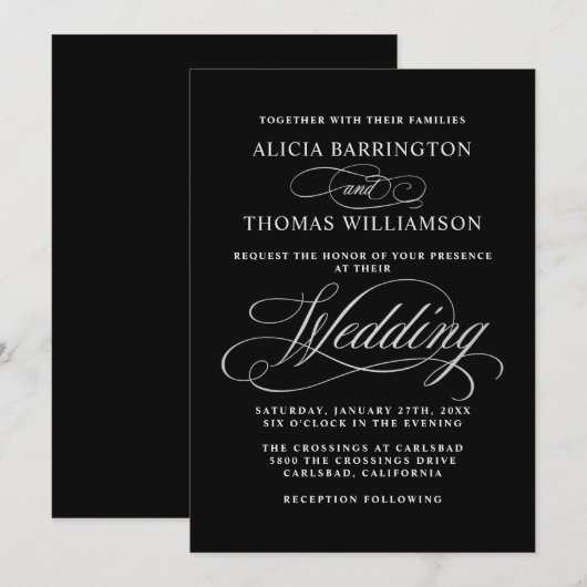 Elegant Calligraphy Black en Silver Wedding Kaart (Voorkant / Achterkant)