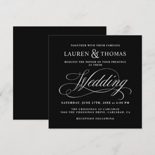 Elegant Calligraphy Black en Silver Wedding Kaart (Voorkant / Achterkant)