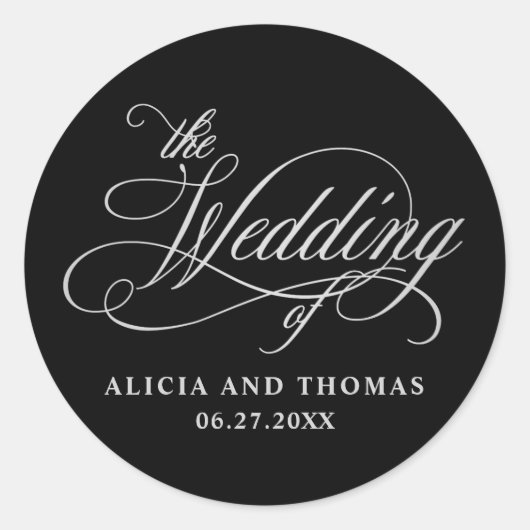 Elegant Calligraphy Black en Silver Wedding Ronde Sticker (Voorkant)