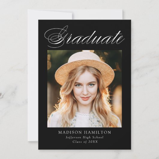 Elegant Calligraphy Black Photo Afstuderen Aankondiging (Voorkant)