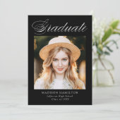 Elegant Calligraphy Black Photo Afstuderen Aankondiging (Staand voorkant)