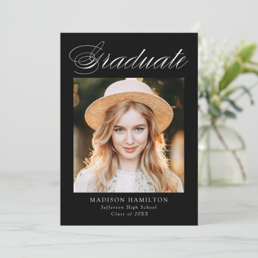 Elegant Calligraphy Black Photo Afstuderen Aankondiging (Staand voorkant)