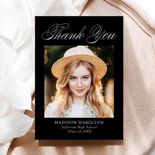 Elegant Calligraphy Black Photo Afstuderen Bedankkaart