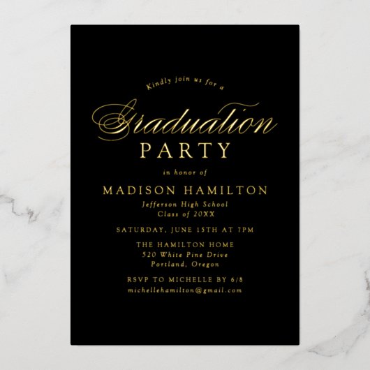 Elegant Calligraphy Black Photo Graduparty Folie Uitnodiging (Voorkant)