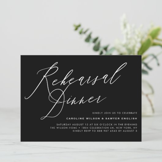 Elegant Calligraphy Black Rehearsal Dinner Kaart (Staand voorkant)