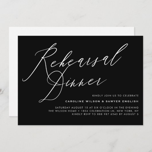 Elegant Calligraphy Black Rehearsal Dinner Kaart (Voorkant / Achterkant)