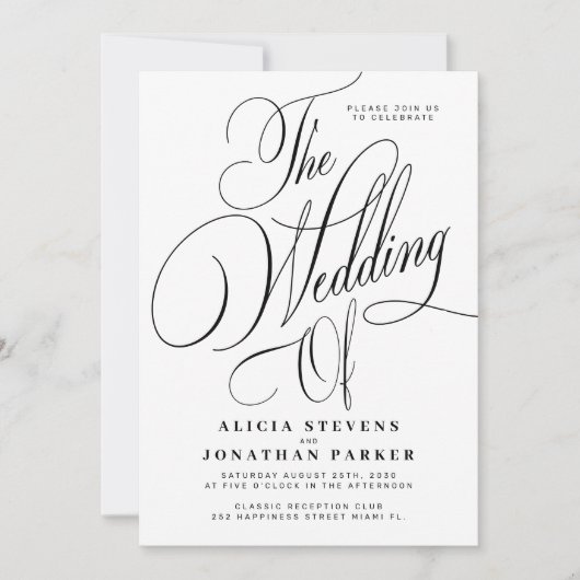 Elegant calligraphy black white all in one wedding kaart (Voorkant)