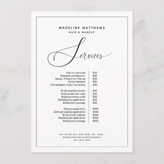 Elegant Calligraphy Black White Salon Price List Menu (Voorkant)