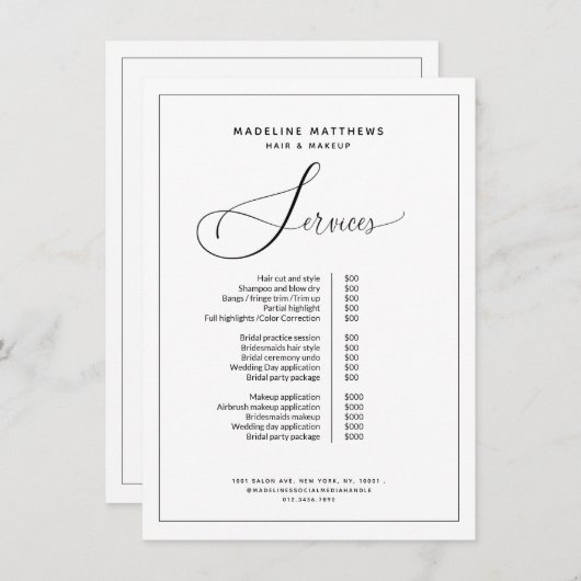 Elegant Calligraphy Black White Salon Price List Menu (Voorkant / Achterkant)