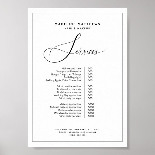 Elegant Calligraphy Black White Salon Price List Poster (Voorkant)