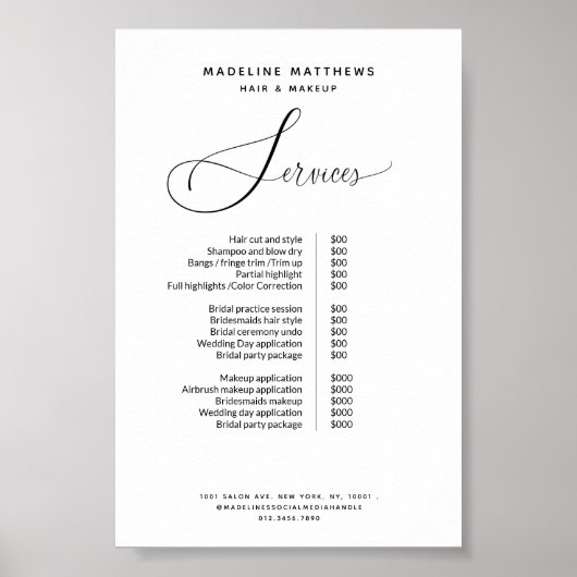 Elegant Calligraphy Black White Salon Price List Poster (Voorkant)