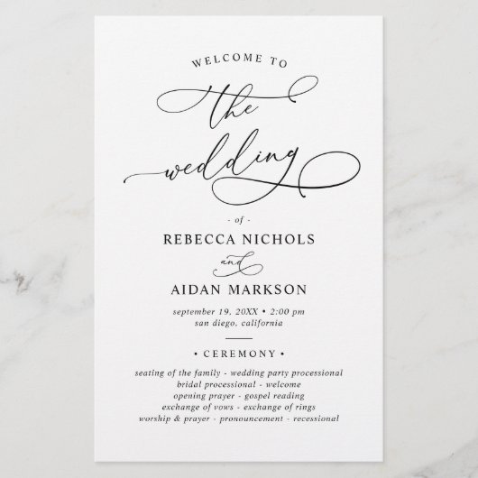 Elegant Calligraphy Black & White Wedding Program (Voorkant)