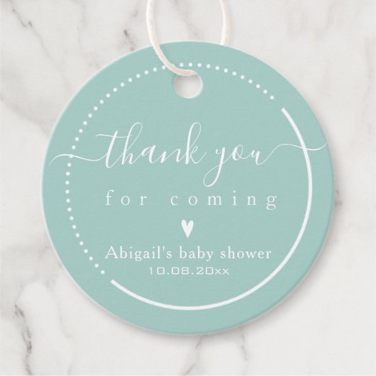 Elegant Calligraphy Blauwgroen Baby shower Dank u Bedankjes Labels (Voorkant)
