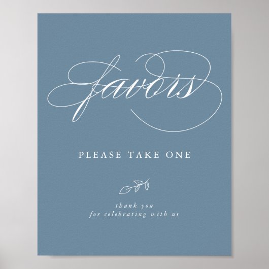 Elegant Calligraphy Blue Minimal Leaf Favor Sign Poster (Voorkant)