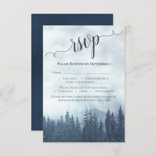 Elegant Calligraphy Blue Mountain Pines Wedding RSVP Kaartje (Voorkant / Achterkant)