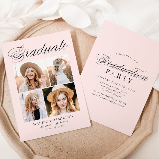 Elegant Calligraphy Blush 4 Photo Graduparty Kaart