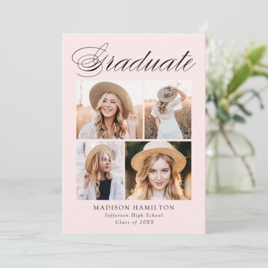 Elegant Calligraphy Blush 4 Photo Graduparty Kaart (Staand voorkant)