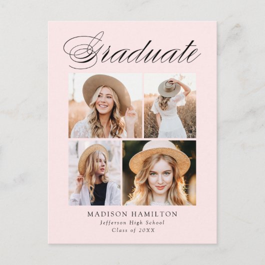 Elegant Calligraphy Blush 4 Photo Graduparty Uitnodiging Briefkaart (Voorkant)