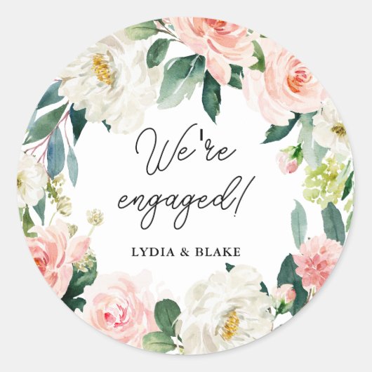 Elegant Calligraphy Blush Floral We zijn betrokken Ronde Sticker (Voorkant)