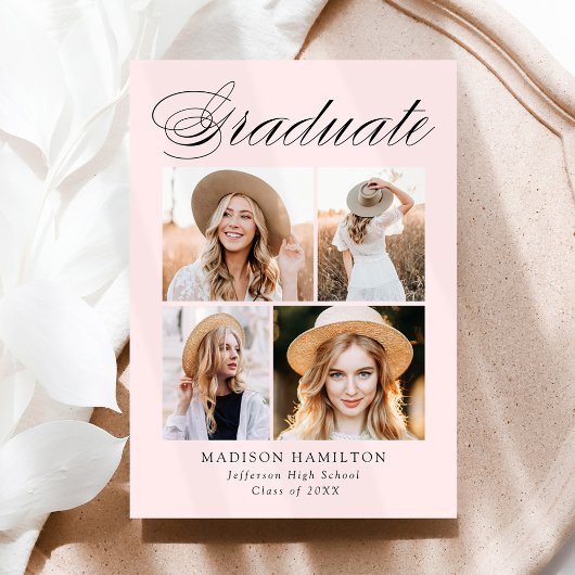 Elegant Calligraphy Blush Pink 4 Photo Afstuderen Aankondiging