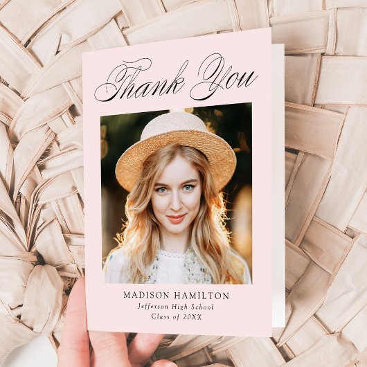 Elegant Calligraphy Blush Pink Photo Afstuderen Bedankkaart