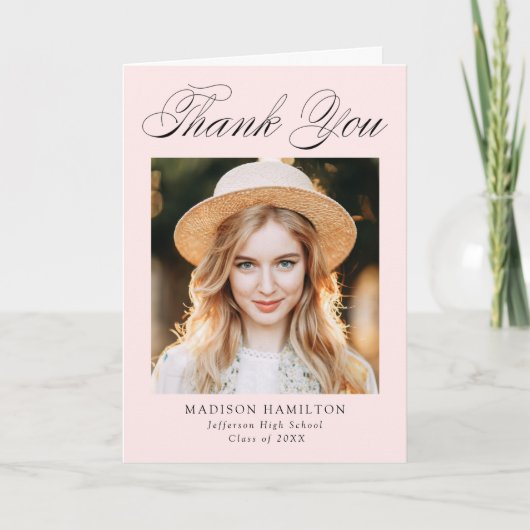 Elegant Calligraphy Blush Pink Photo Afstuderen Bedankkaart (Voorkant)